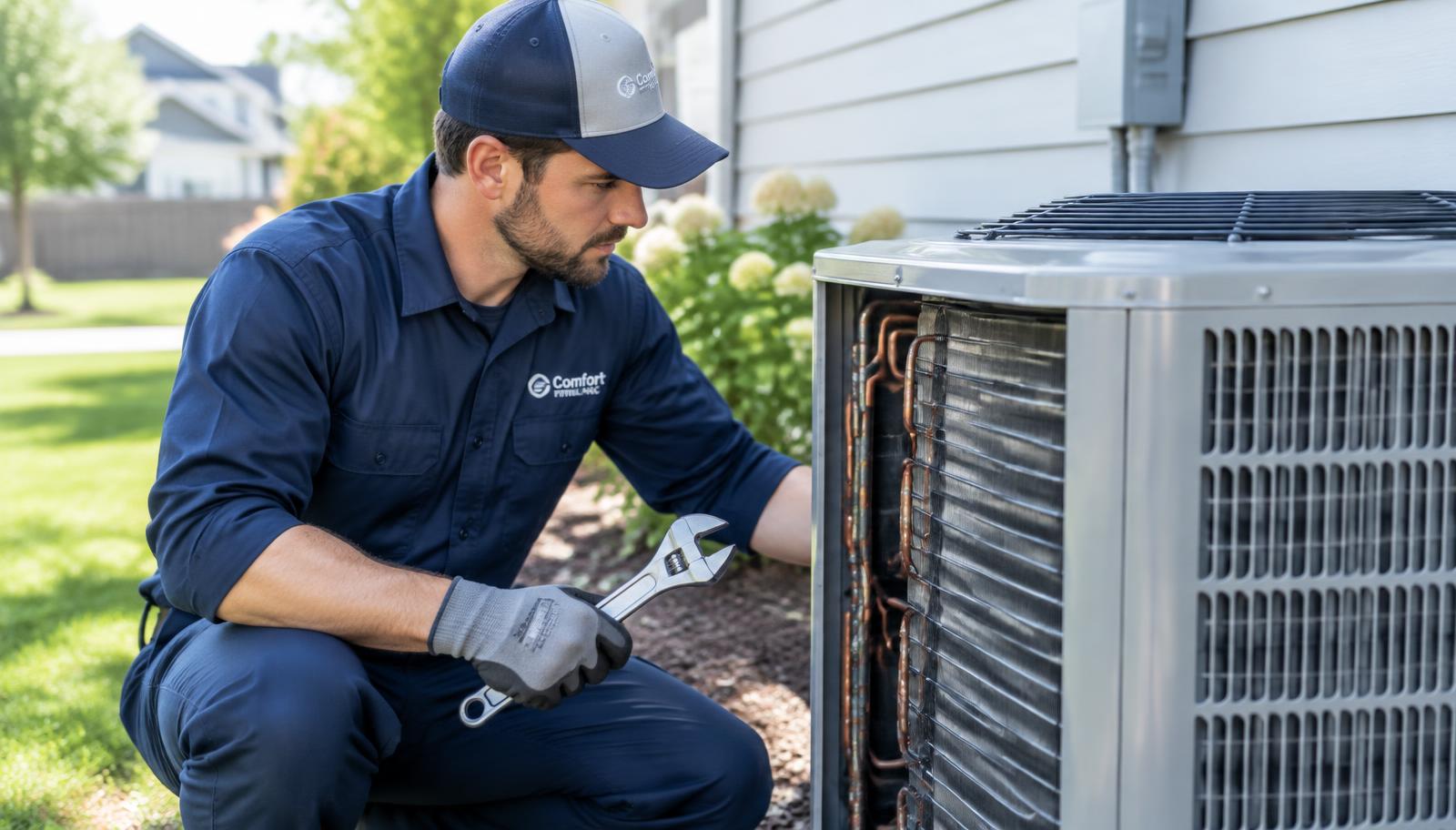 HVAC technician servicing an outdoor air conditioning condenser unit outside a home